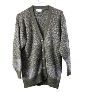 M.J. Carroll Cardigan Women Large Olive Green Vintage Chevron Knit Wool Blend